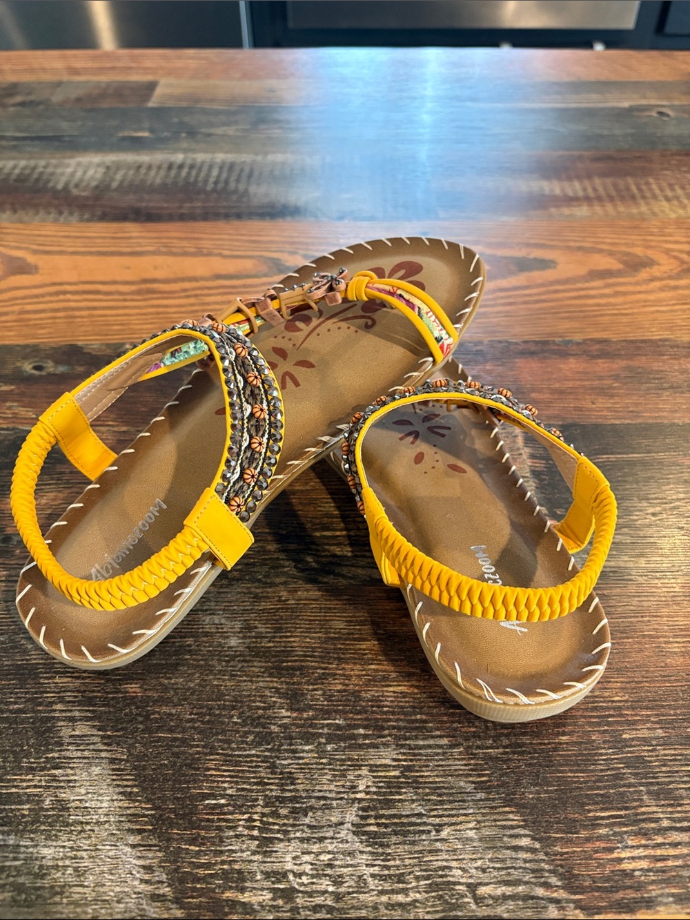 Yellow Braided Beaded T-Strap Sandals with Brown Footbed